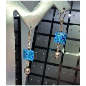 𝅺Vintage sterling silver blue millefiori glass earrings